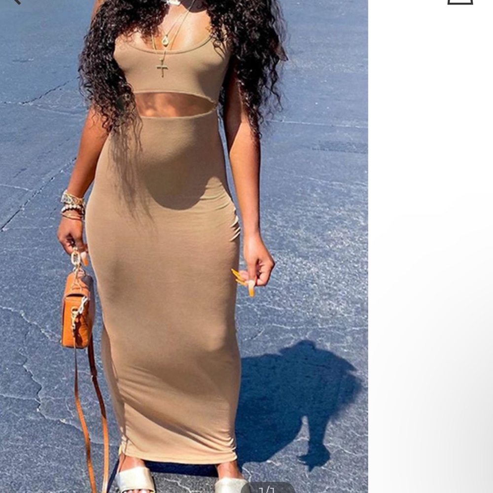 Sleeveless Round Neck Khaki Plain Dresses
